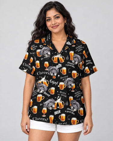 Raise a Toast Hawaiian shirt with printed faces, worn by a woman