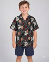 Raven & Full Moon Goth Hawaiian Shirt with printed faces, worn by a child
