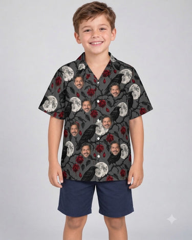 Raven & Full Moon Goth Hawaiian Shirt with printed faces, worn by a child
