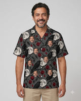 Raven & Full Moon Goth Hawaiian Shirt with printed faces, worn by a man