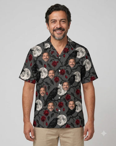 Raven & Full Moon Goth Hawaiian Shirt with printed faces, worn by a man
