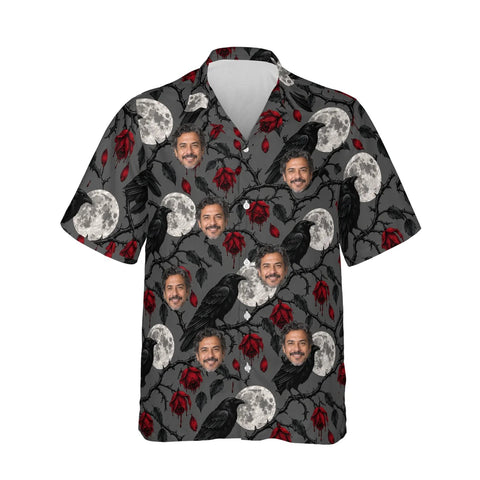 Raven & Full Moon Goth Hawaiian Shirt personalized with printed faces, front view