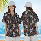 Woman wearing the Raven & Full Moon Goth Hawaiian Shirt with custom faces, front and back view