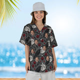 Woman wearing the Raven & Full Moon Goth Hawaiian Shirt with custom faces