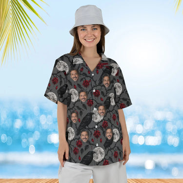 Woman wearing the Raven & Full Moon Goth Hawaiian Shirt with custom faces