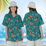 Woman wearing the Ray Gun Atomic Sci-Fi Hawaiian Shirt with custom faces, front and back view