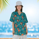 Woman wearing the Ray Gun Atomic Sci-Fi Hawaiian Shirt with custom faces