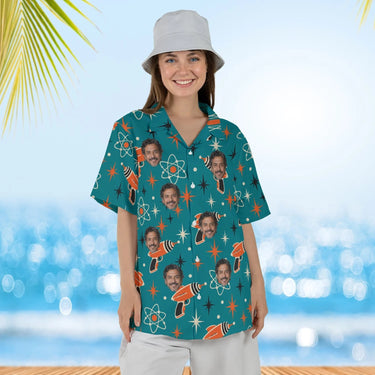 Woman wearing the Ray Gun Atomic Sci-Fi Hawaiian Shirt with custom faces