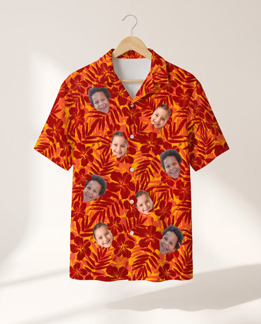 Red and Orange Tropical Silhouettes personalized Hawaiian shirt printed with customer faces