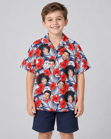 Red Hibiscus Tropics Hawaiian shirt with printed faces, worn by a child