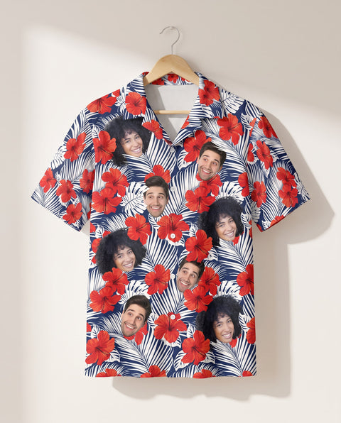 Red Hibiscus Tropics personalized Hawaiian shirt printed with customer faces