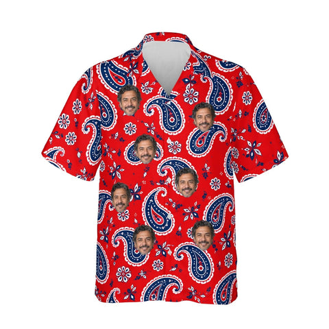Red & Navy Paisley Hawaiian Shirt personalized with printed faces, front view