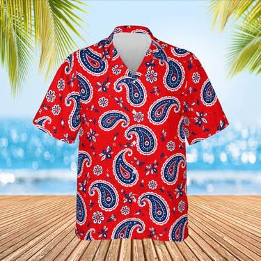 Red & Navy Paisley Hawaiian Shirt print before personalizing, front view