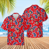 Red & Navy Paisley Hawaiian Shirt with custom faces, front and back