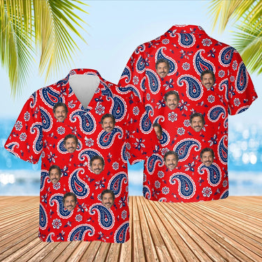 Red & Navy Paisley Hawaiian Shirt with custom faces, front and back
