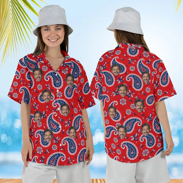 Woman wearing the Red & Navy Paisley Hawaiian Shirt with custom faces, front and back view