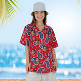 Woman wearing the Red & Navy Paisley Hawaiian Shirt with custom faces