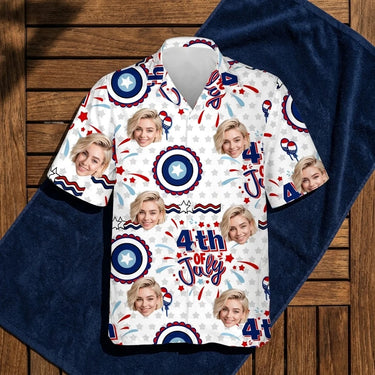 Red White and Blue Beach custom Hawaiian shirt with photos, example 1