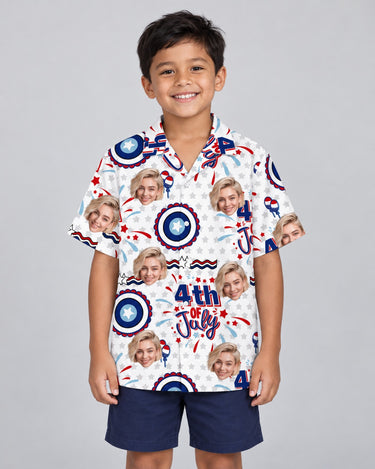 Red White and Blue Beach Hawaiian shirt with printed faces, worn by a child
