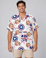 Red White and Blue Beach Hawaiian shirt with printed faces, worn by a man