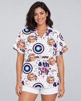 Red White and Blue Beach Hawaiian shirt with printed faces, worn by a woman