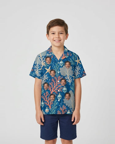 Reef Ornaments Christmas Hawaiian Shirt with printed faces, worn by a child