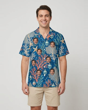 Reef Ornaments Christmas Hawaiian Shirt with printed faces, worn by a man