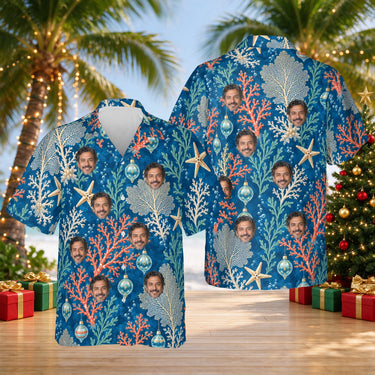 Reef Ornaments custom Christmas Hawaiian shirt with faces, front and back