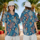 Reef Ornaments personalized Christmas Hawaiian shirt with faces worn by a woman, front and back