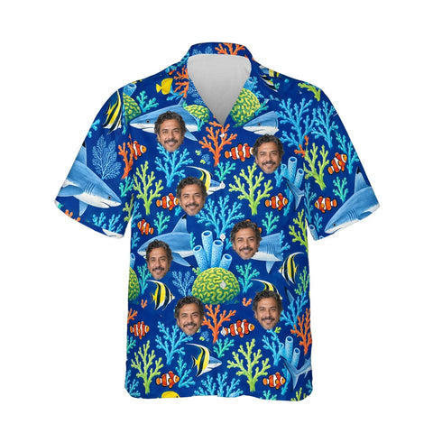 Reef Shark Hawaiian Shirt personalized with printed faces, front view