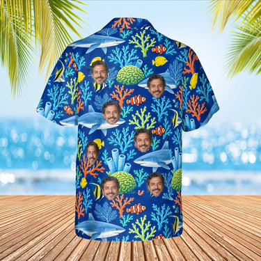 Reef Shark Hawaiian Shirt with custom faces, back view
