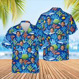 Reef Shark Hawaiian Shirt with custom faces, front and back