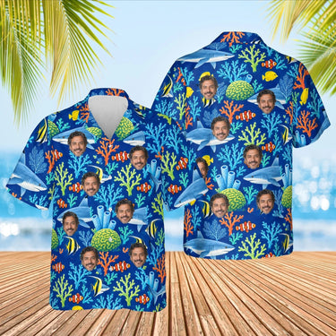 Reef Shark Hawaiian Shirt with custom faces, front and back