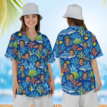 Woman wearing the Reef Shark Hawaiian Shirt with custom faces, front and back view