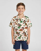 Reindeer Dinosaur Christmas Hawaiian Shirt with printed faces, worn by a child