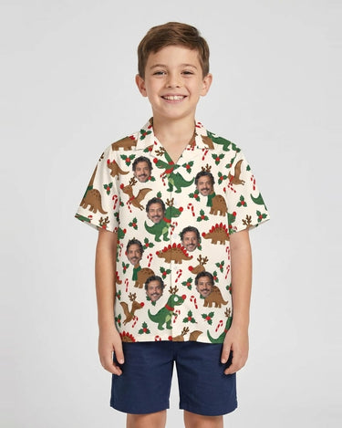 Reindeer Dinosaur Christmas Hawaiian Shirt with printed faces, worn by a child