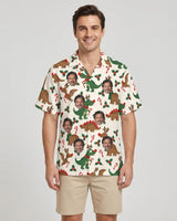 Reindeer Dinosaur Christmas Hawaiian Shirt with printed faces, worn by a man