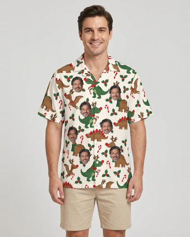 Reindeer Dinosaur Christmas Hawaiian Shirt with printed faces, worn by a man