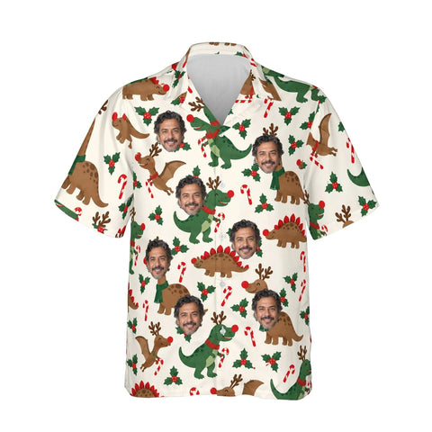 Reindeer Dinosaur Christmas Hawaiian Shirt personalized with printed faces, front view