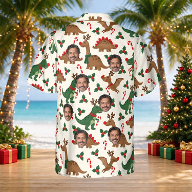 Reindeer Dinosaur Christmas Hawaiian Shirt with custom faces, back view