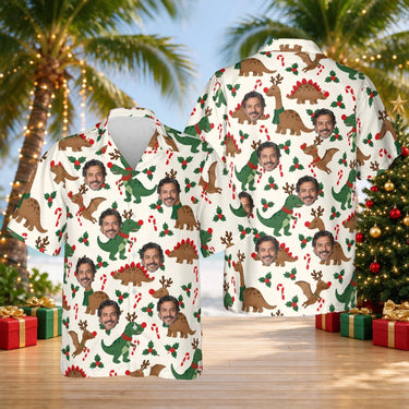 Reindeer Dinosaur Christmas Hawaiian Shirt with custom faces, front and back
