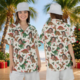 Woman wearing the Reindeer Dinosaur Christmas Hawaiian Shirt with custom faces, front and back view