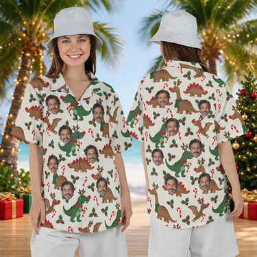 Woman wearing the Reindeer Dinosaur Christmas Hawaiian Shirt with custom faces, front and back view
