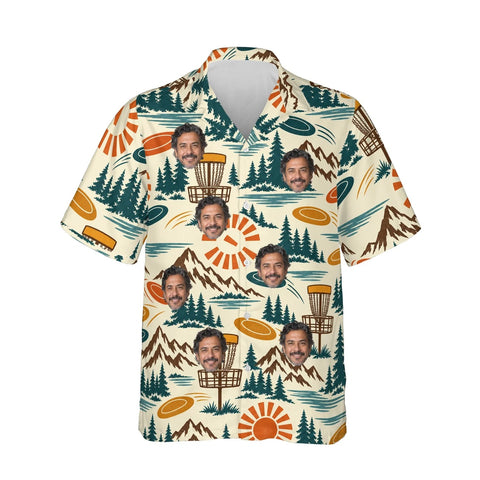 Retro 70s Disc Golf Hawaiian Shirt personalized with printed faces, front view