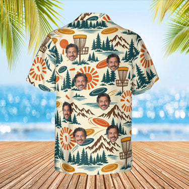 Retro 70s Disc Golf Hawaiian Shirt with custom faces, back view