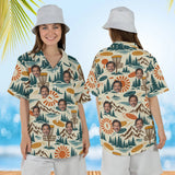 Woman wearing the Retro 70s Disc Golf Hawaiian Shirt with custom faces, front and back view