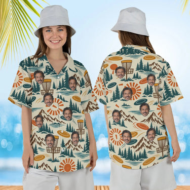 Woman wearing the Retro 70s Disc Golf Hawaiian Shirt with custom faces, front and back view