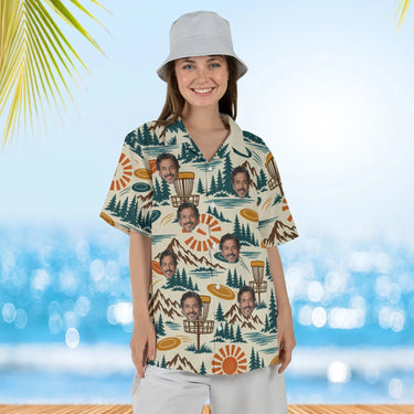 Woman wearing the Retro 70s Disc Golf Hawaiian Shirt with custom faces