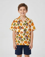 Retro 70s Harvest Thanksgiving Hawaiian Shirt with printed faces, worn by a child