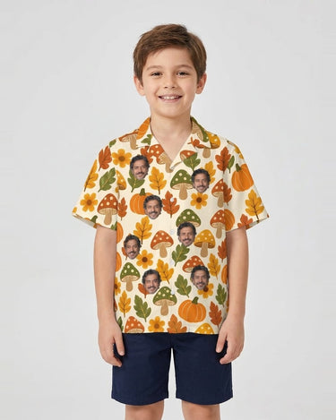 Retro 70s Harvest Thanksgiving Hawaiian Shirt with printed faces, worn by a child